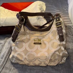 Coach Cream and Brown Shoulder Bag with Signature Pattern